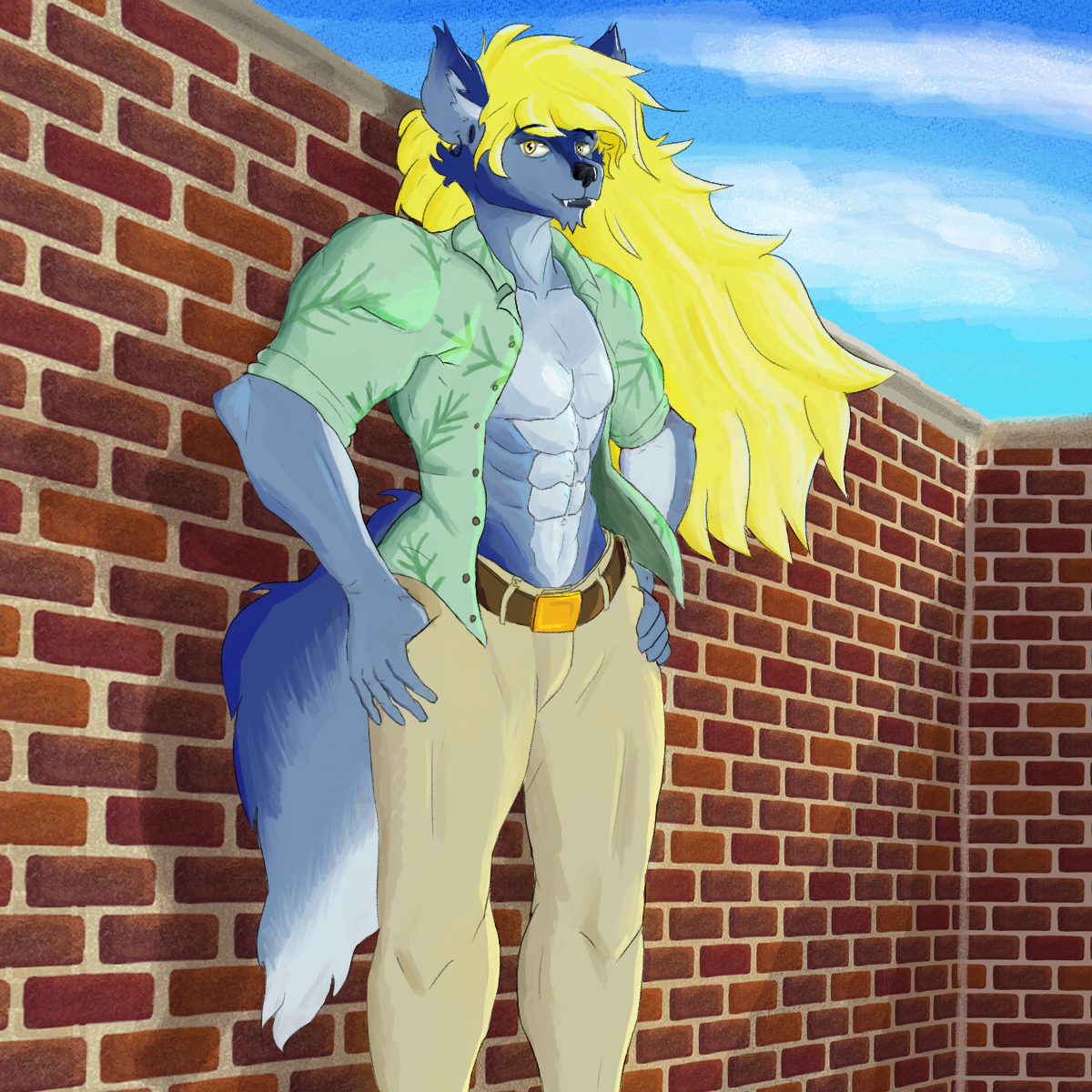 Photo of Marcel on vacation, with his shirt opened and his hands on his hips, against a brick wall outside.